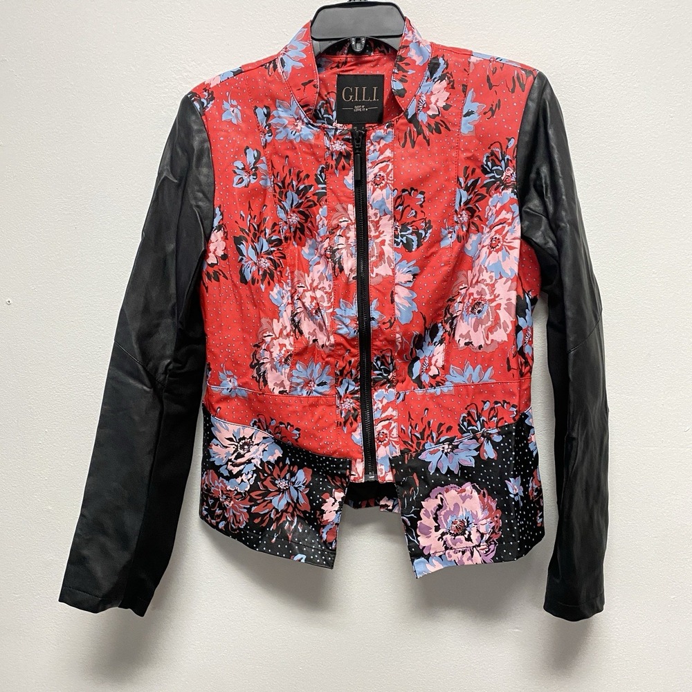 GILI Jacket Women Sz 8 Red Black Floral Faux Leather Lined Full Zip Moto Rider